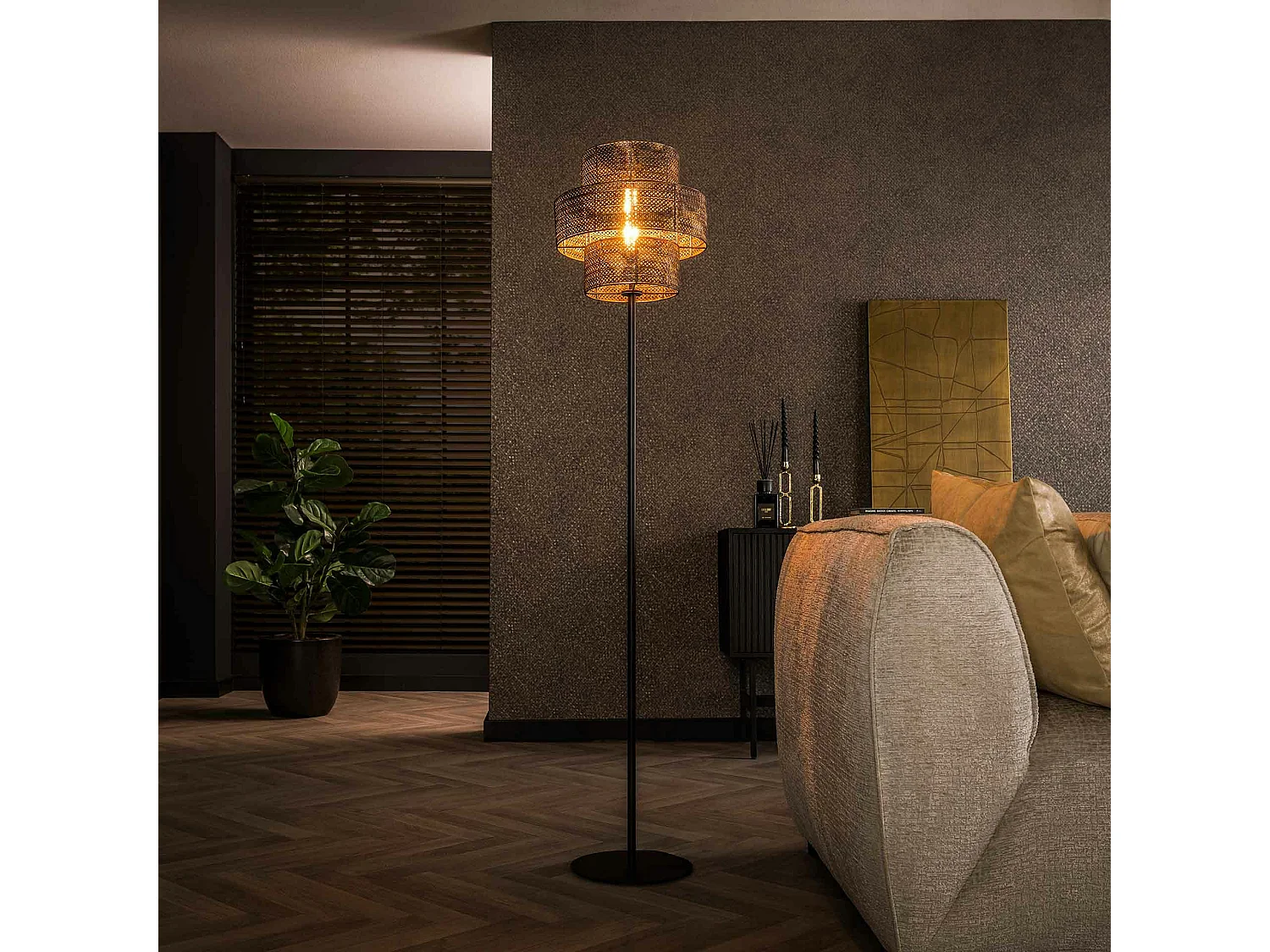 Lampadaire d'ambiance avec abat-jour frise métallique TRIBECA