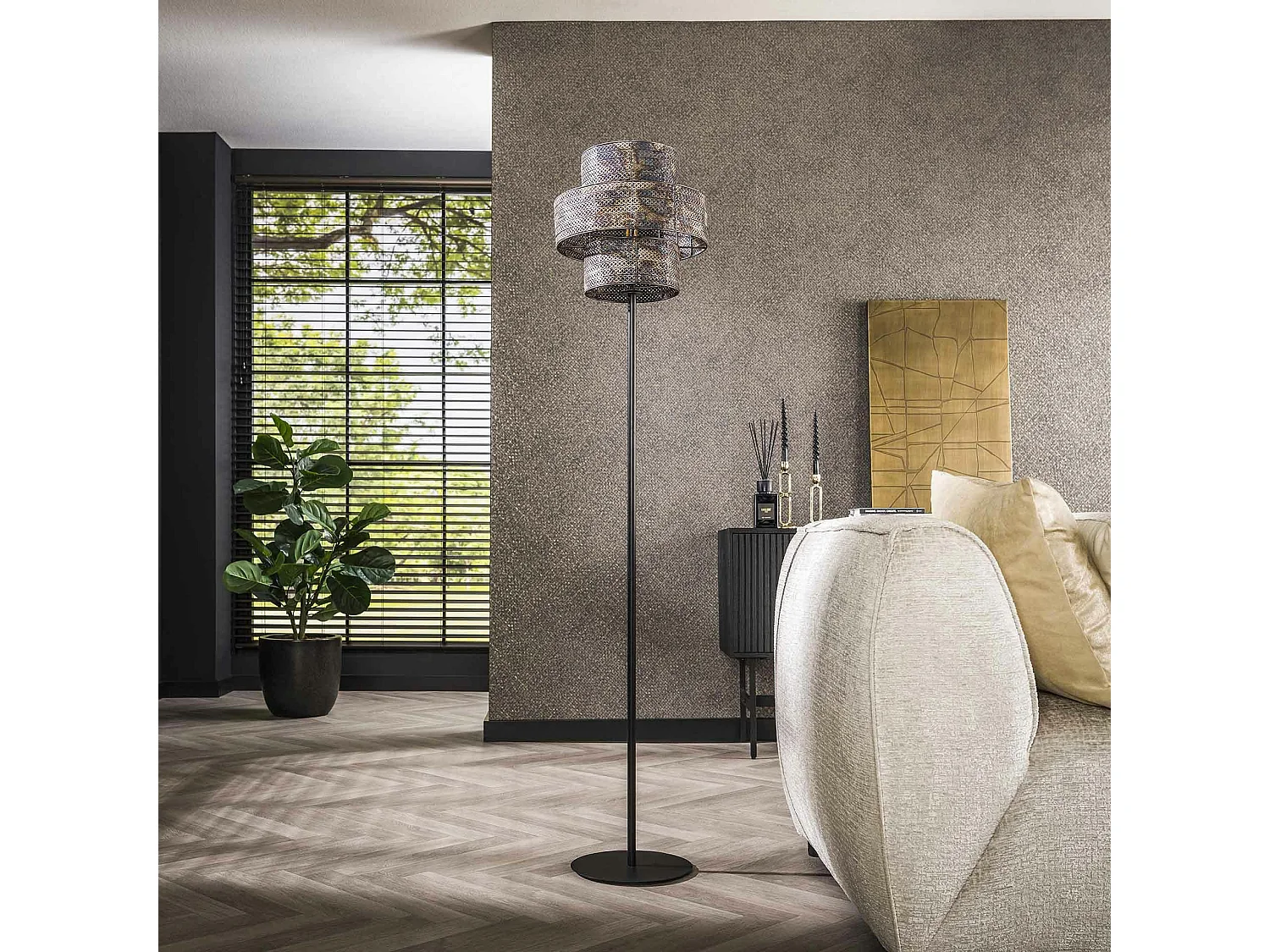 Lampadaire d'ambiance avec abat-jour frise métallique TRIBECA