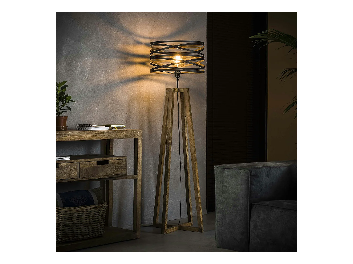 Lampadaire moderne effet ruban pieds bois naturel RALF
