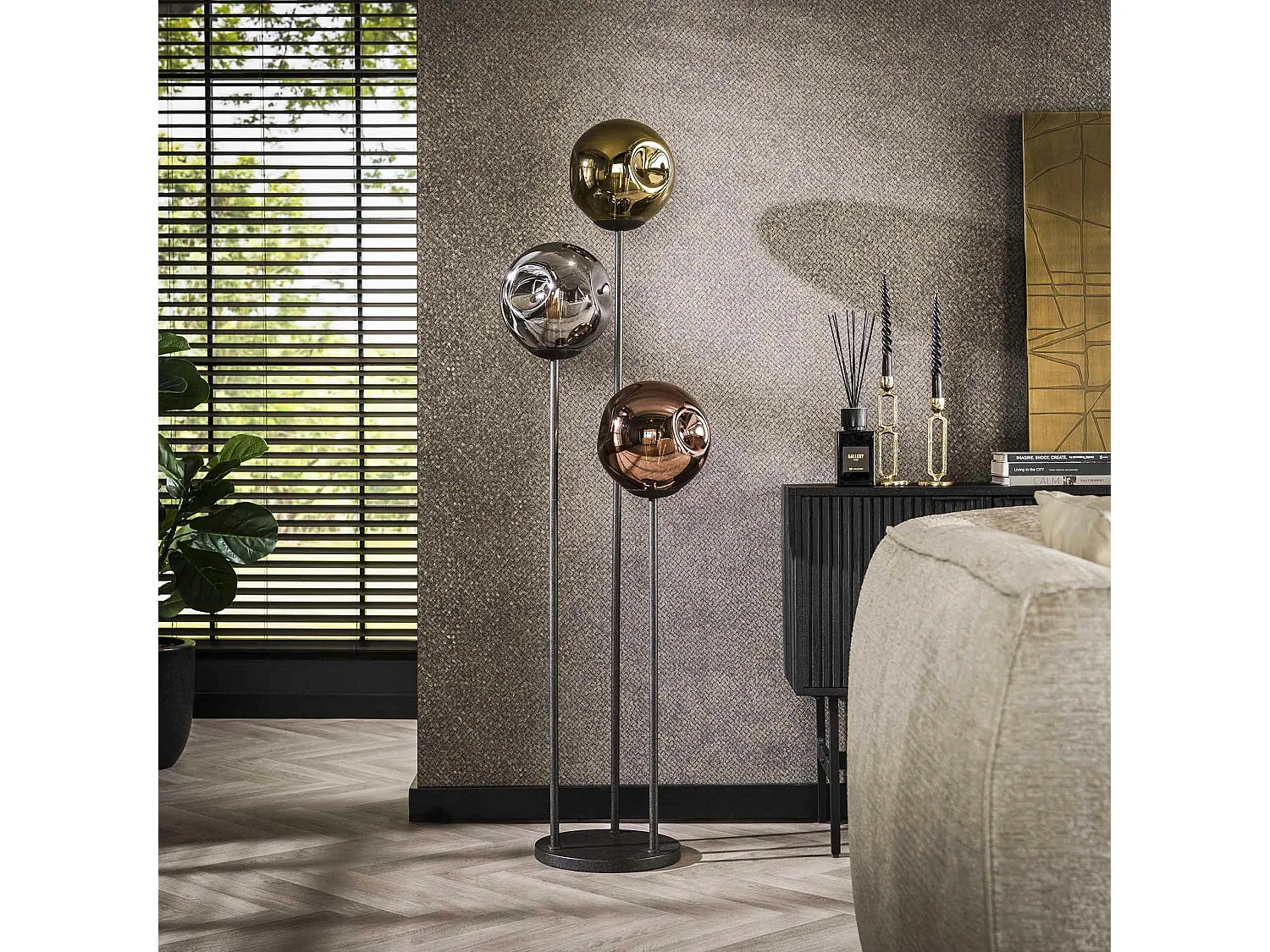 Lampadaire de salon 3 abat-jour en verre déformé sur tige NIAGARA