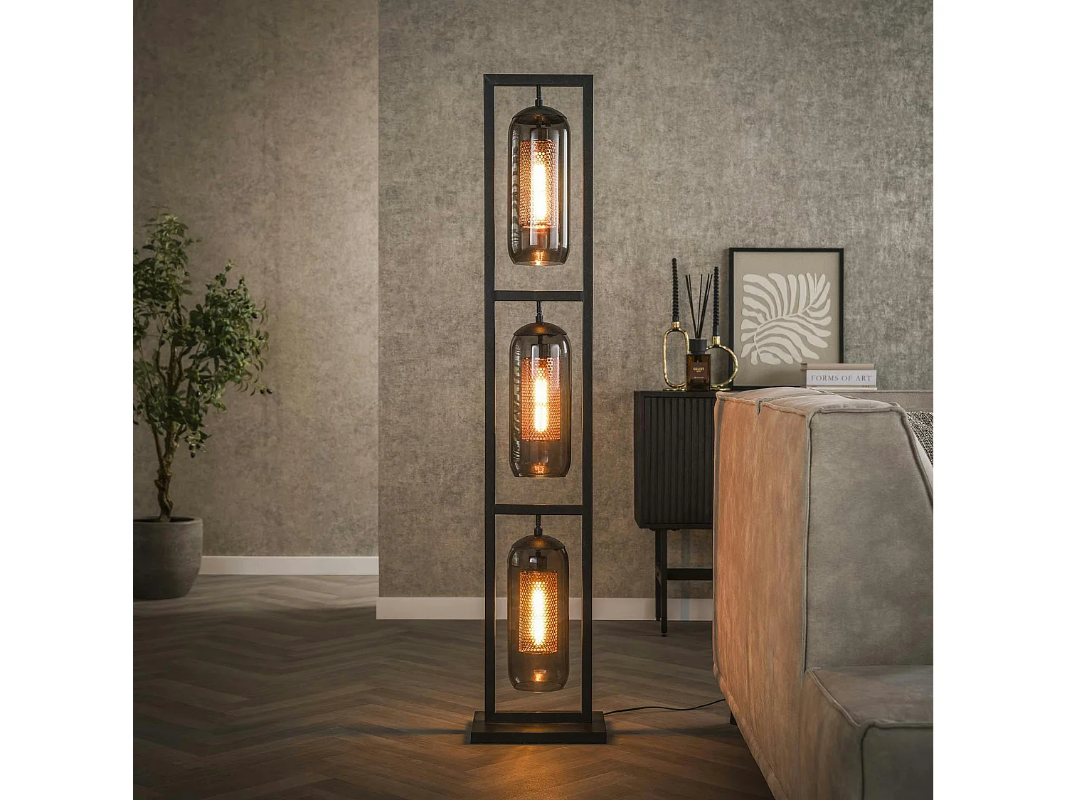 Lampadaire salon 3 lampes verre fumé et métal cuivré NOVA