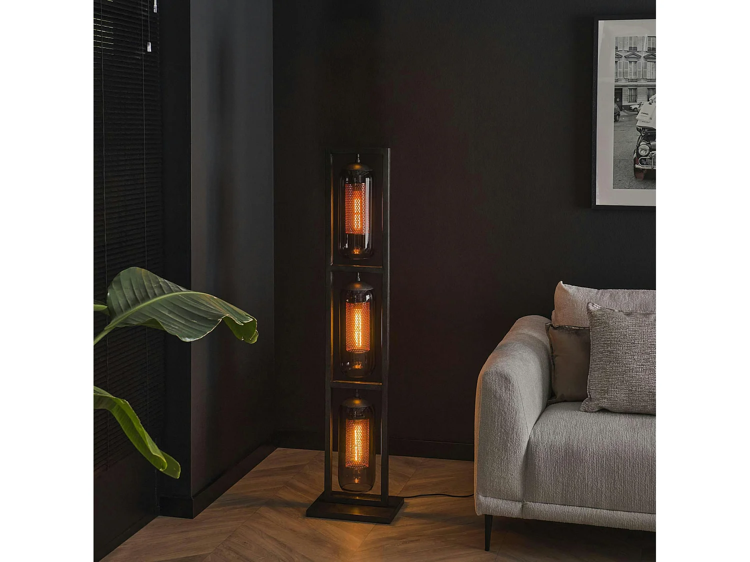 Lampadaire salon 3 lampes verre fumé et métal cuivré NOVA