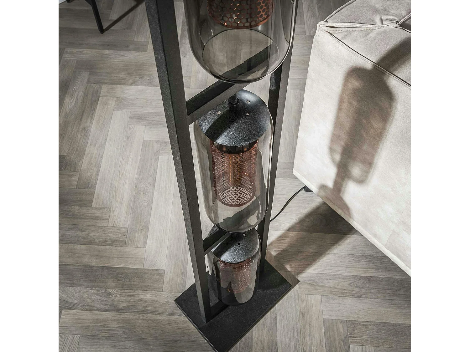 Lampadaire salon 3 lampes verre fumé et métal cuivré NOVA