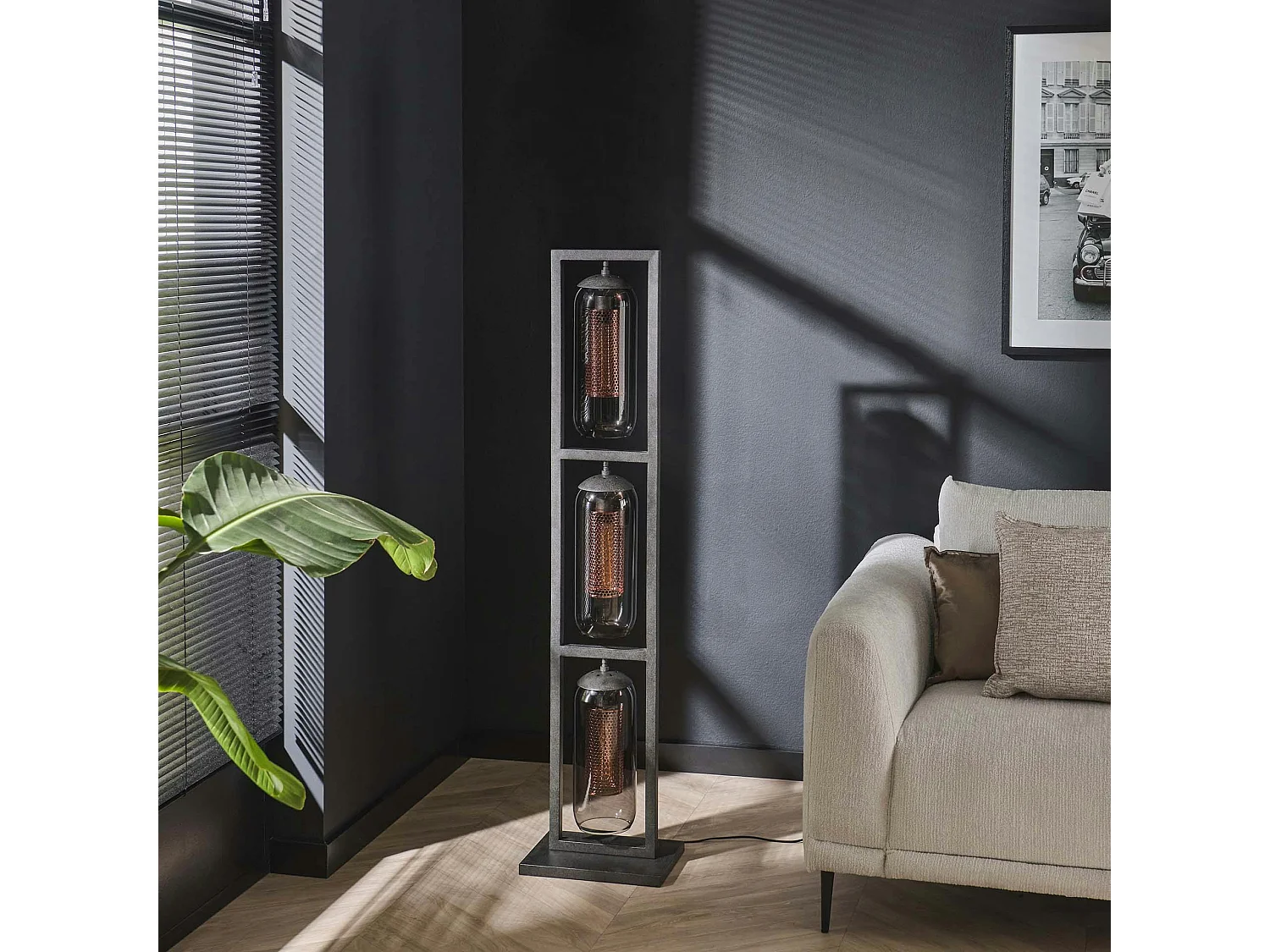 Lampadaire salon 3 lampes verre fumé et métal cuivré NOVA