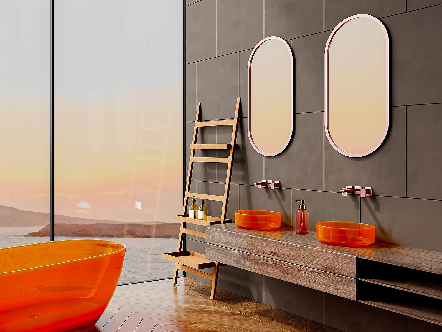 Umywalka nablatowa okrągła przezroczysta z żywicy - 40 cm - Pomarańczowy - SPAVO