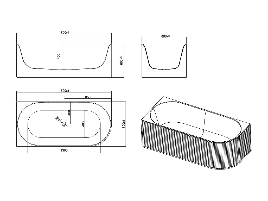 Baignoire d'angle striée - 290L - 170 x 80 x 60 cm - Blanc mat - Acrylique - Angle gauche - BARBORI