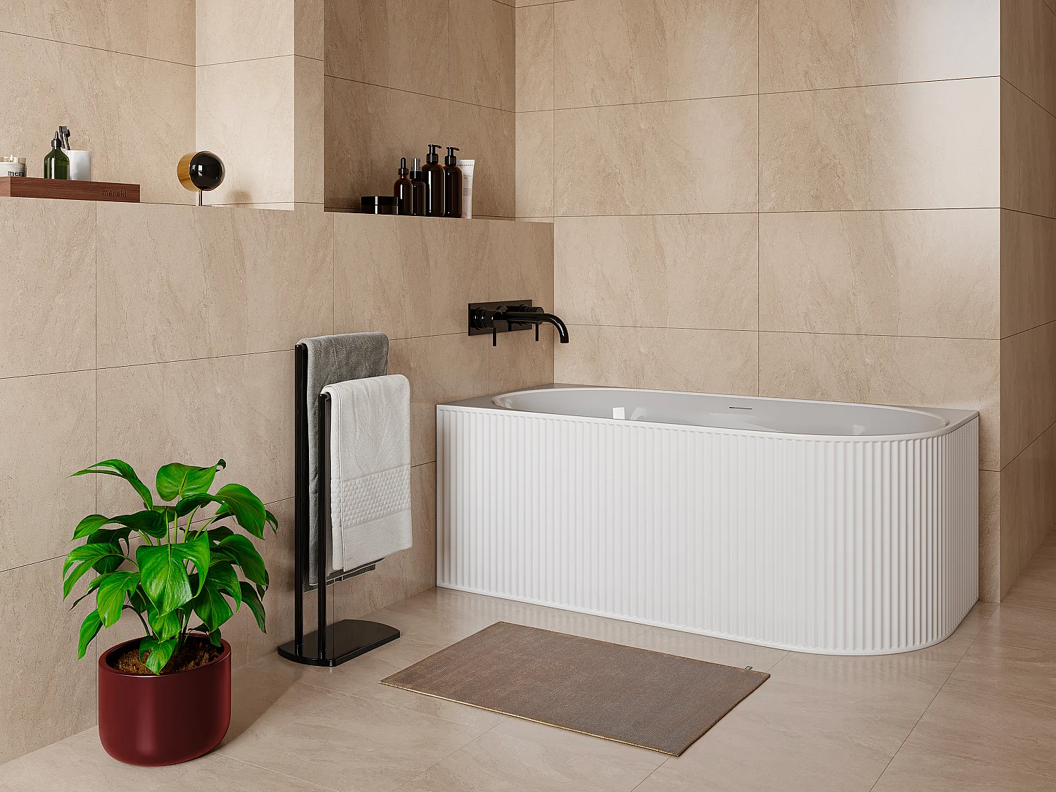 Baignoire d'angle striée - 290L - 170 x 80 x 60 cm - Blanc mat - Acrylique - Angle gauche - BARBORI