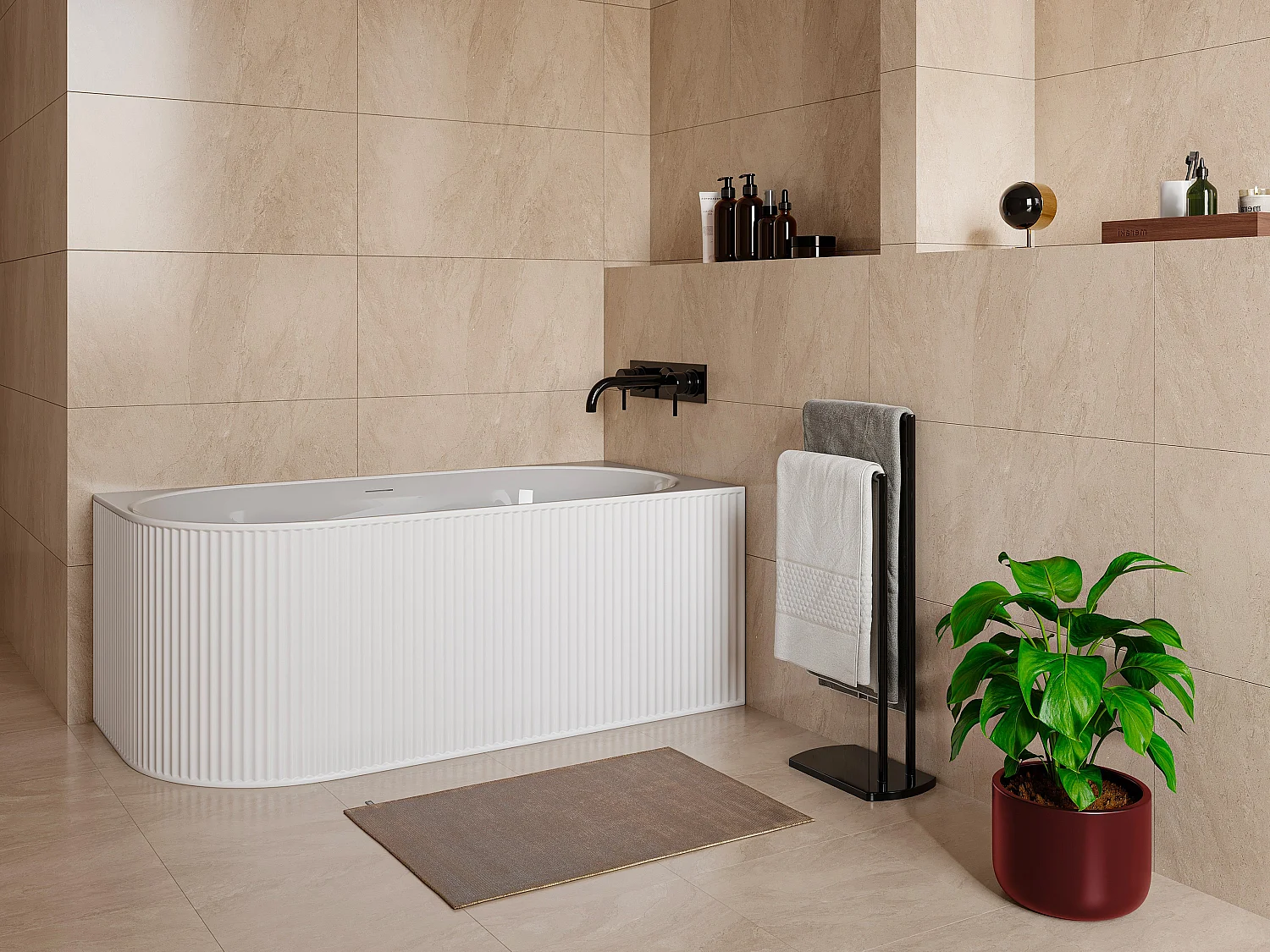 Banheira de canto estriada 240 L, 170 x 80 x 60 cm, branco fosco, acrílico, canto direito - BARBORI