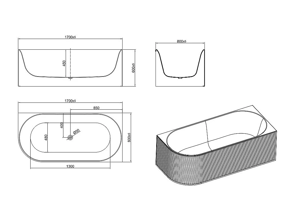 Baño de esquina estriado - 240L - 170 x 80 x 60 cm - Blanco mate - Acrílico - Ángulo recto - BARBORI