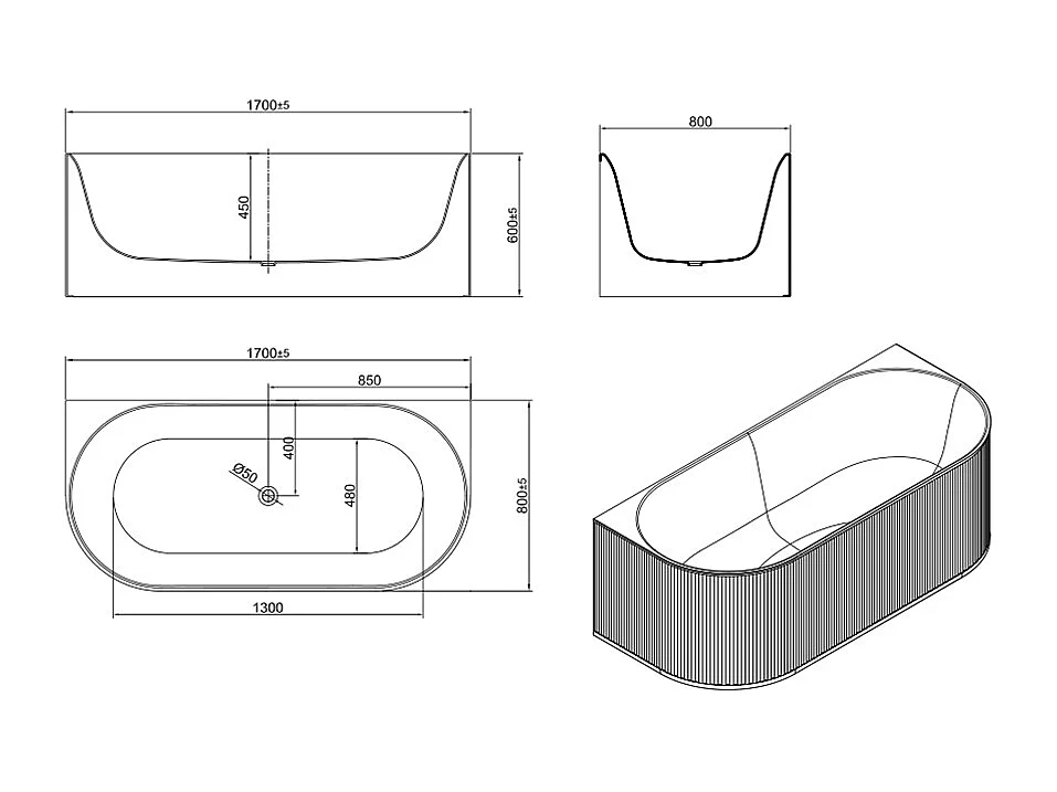 Baignoire semi îlot striée - 290L - 170 x 80 x 60 cm - Blanc mat - Acrylique - BARBORI