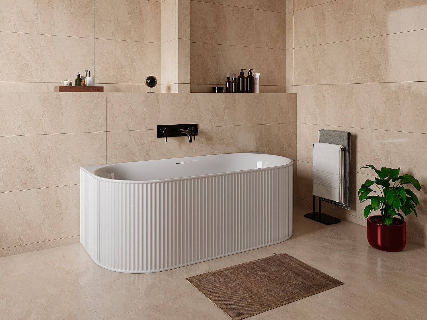 Halb freistehende Badewanne geriffelt - 240 L - 170 x 80 x 60 cm - Weiß mat günstig online kaufen
