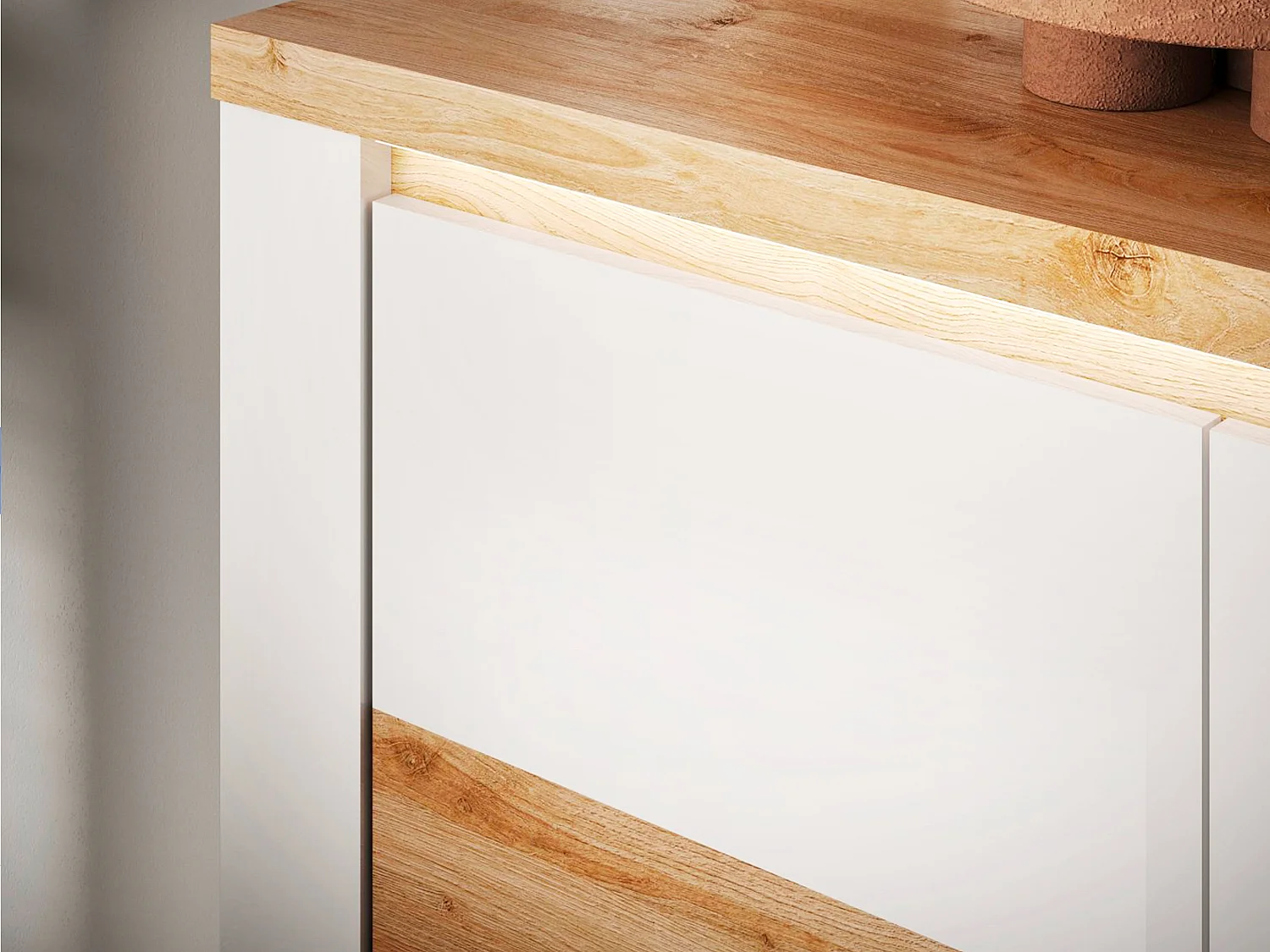 Buffet 4 portes avec LEDs - Blanc laqué et naturel - LADENYA
