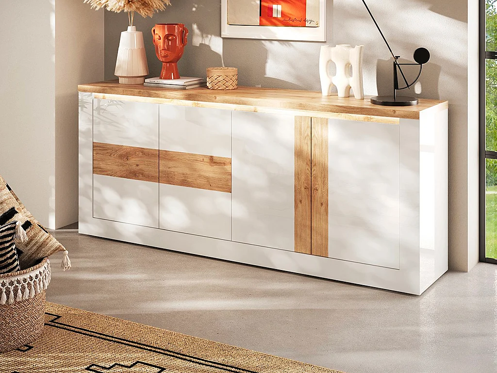 Buffet 4 portes avec LEDs - Blanc laqué et naturel - LADENYA
