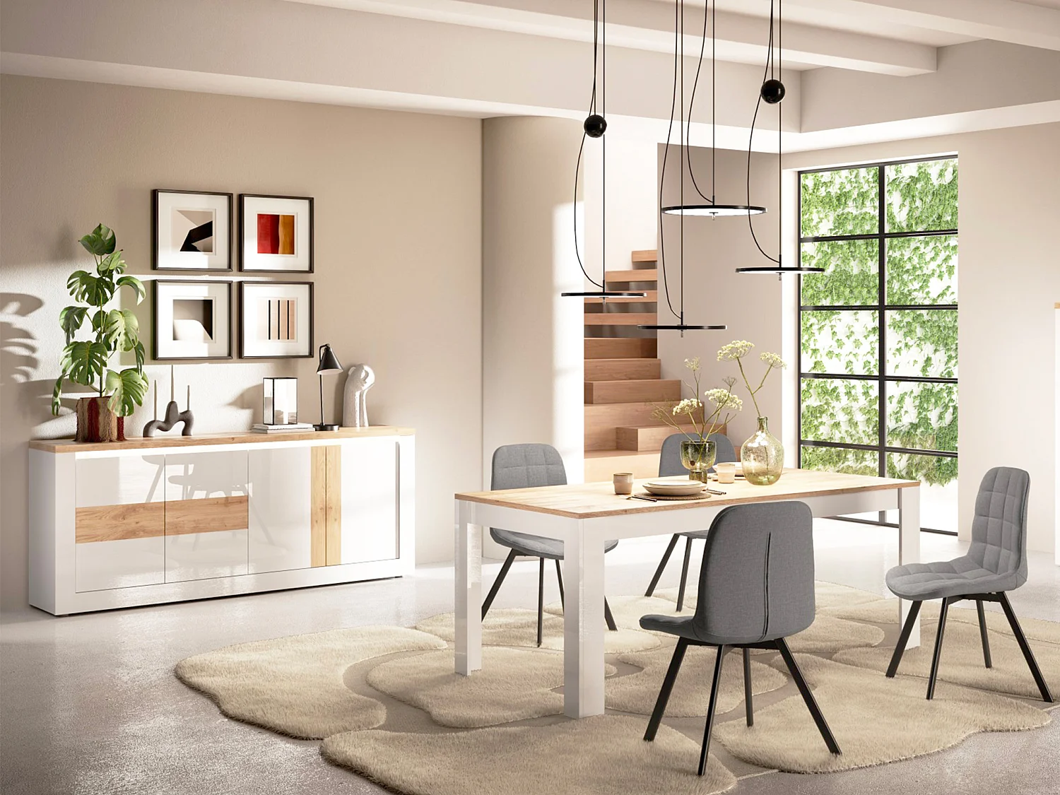 Buffet 4 portes avec LEDs - Blanc laqué et naturel - LADENYA