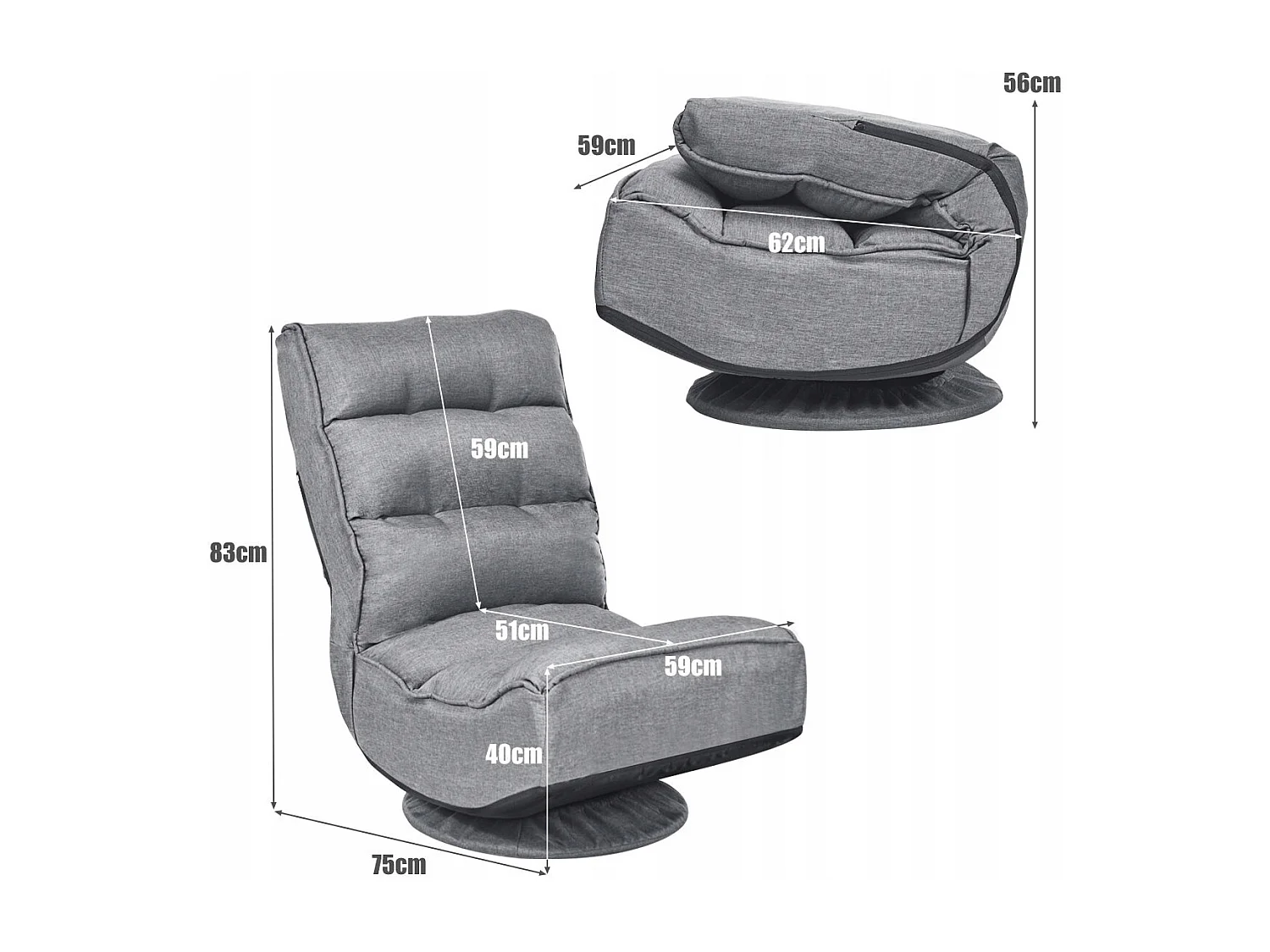 Relaxsessel verstellbar Klappsessel drehbar Bodenstuhl Sofastuhl Bodenkissen Grau