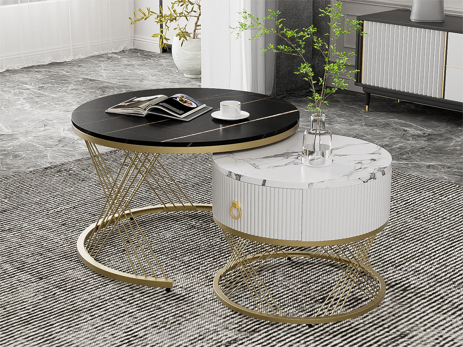 Set aus 2 Couchtischen mit einer Schublade – MDF-Platte mit Marmormuster – Schwarz