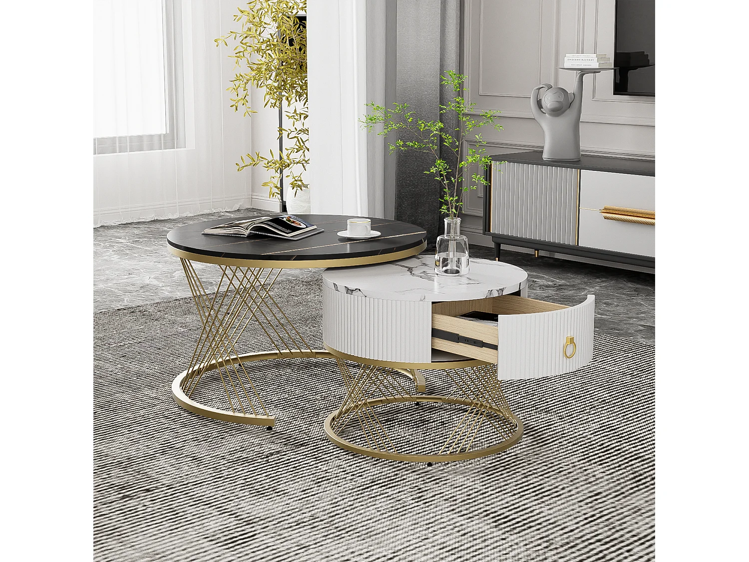 Set aus 2 Couchtischen mit einer Schublade – MDF-Platte mit Marmormuster – Schwarz