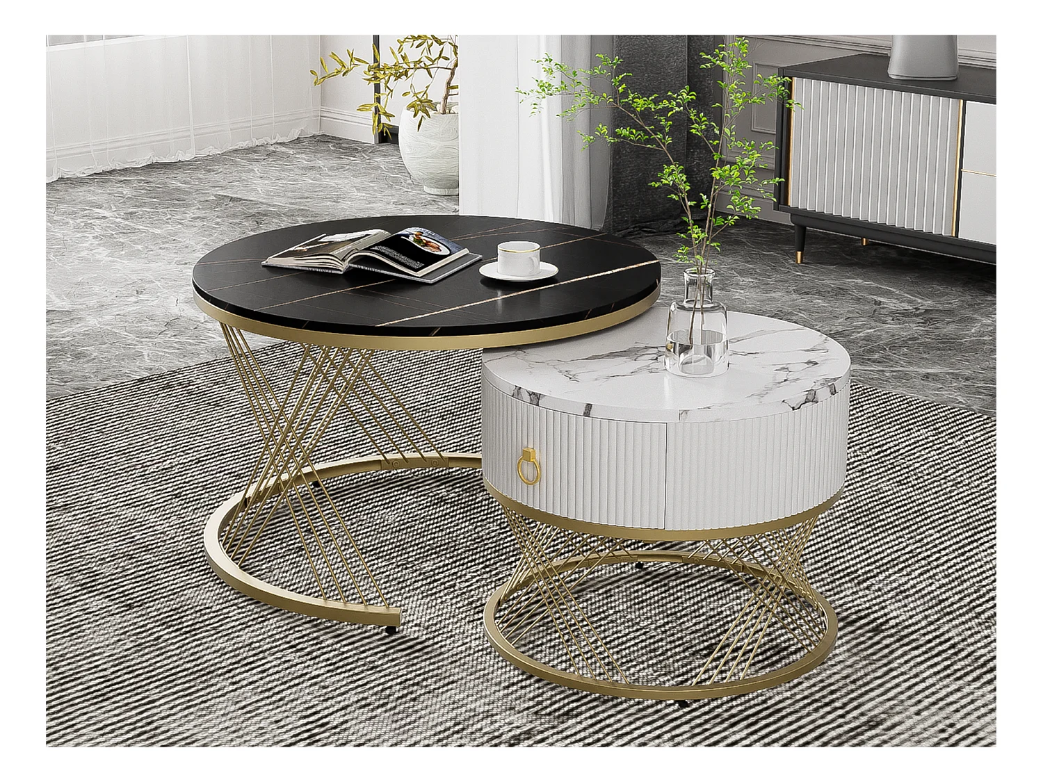 Lot de 2 tables basses avec un tiroir - plateau en MDF à motif de marbre - Noir
