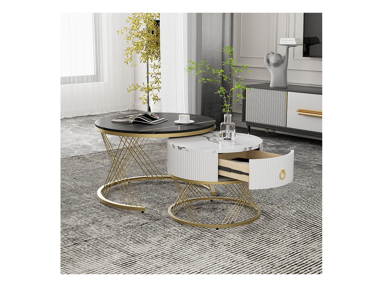 Set van 2 salontafels met één lade - MDF-blad met marmerpatroon - Zwart