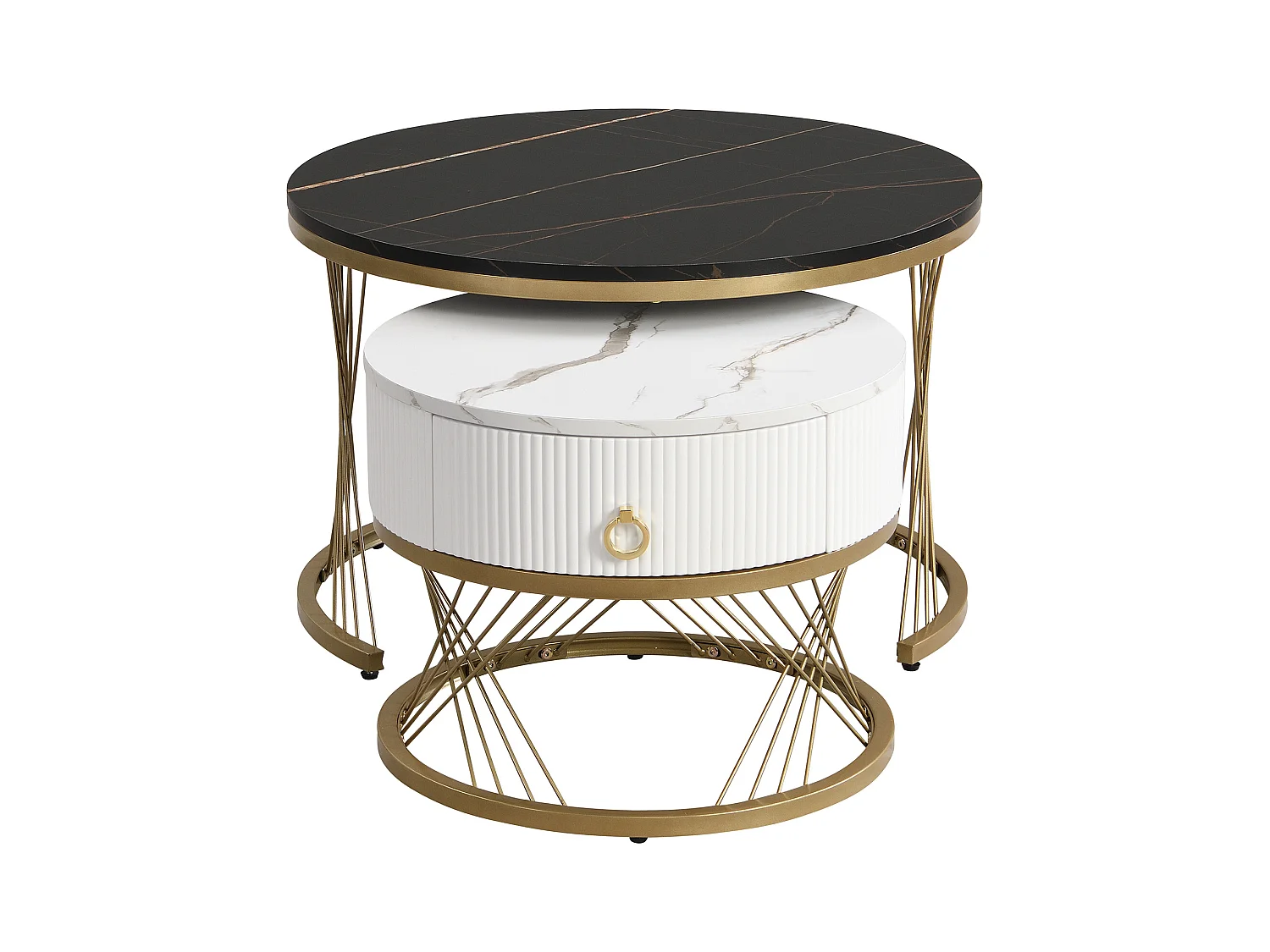 Set van 2 salontafels met één lade - MDF-blad met marmerpatroon - Zwart