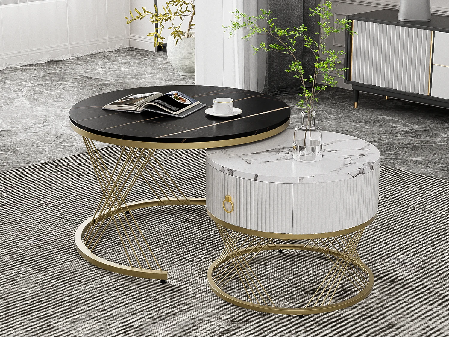 Lot de 2 tables basses avec un tiroir - plateau en MDF à motif de marbre - Noir