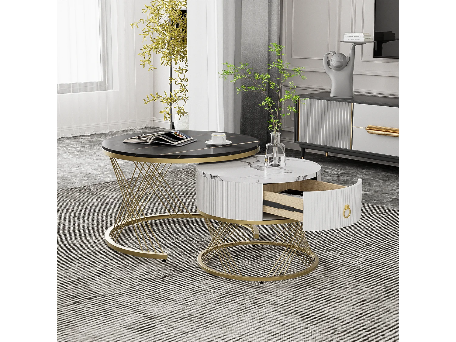 Lot de 2 tables basses avec un tiroir - plateau en MDF à motif de marbre - Noir