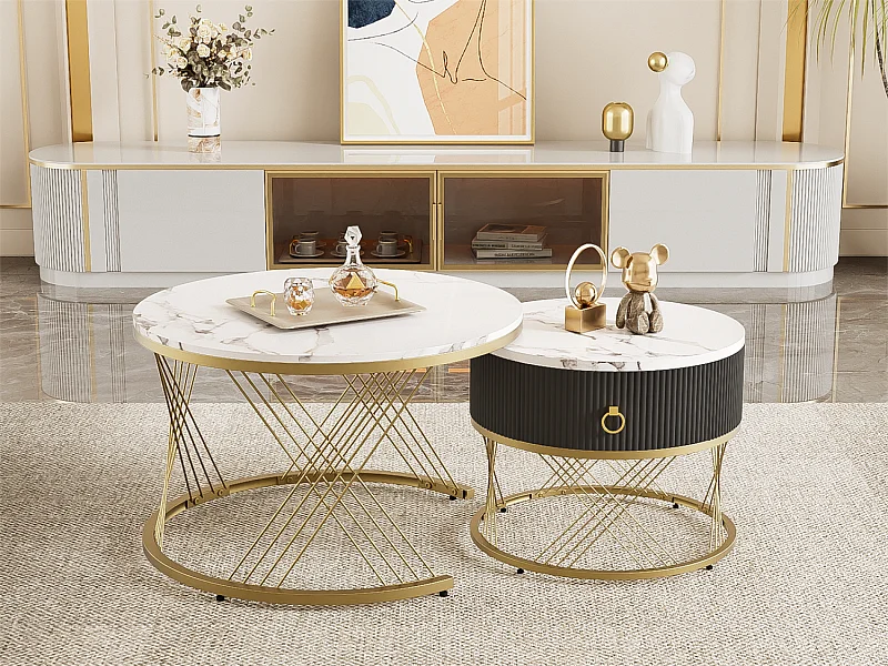 Set aus 2 Couchtischen mit einer Schublade – MDF-Platte mit Marmormuster – Weiß