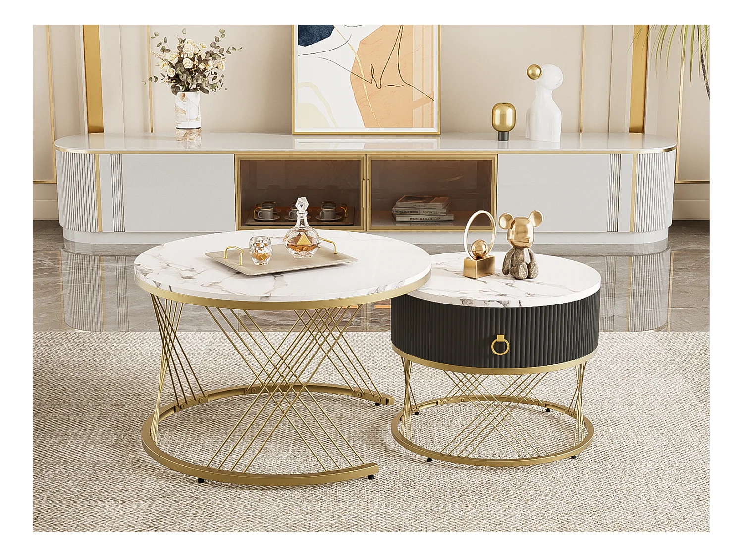 Set aus 2 Couchtischen mit einer Schublade – MDF-Platte mit Marmormuster – Weiß