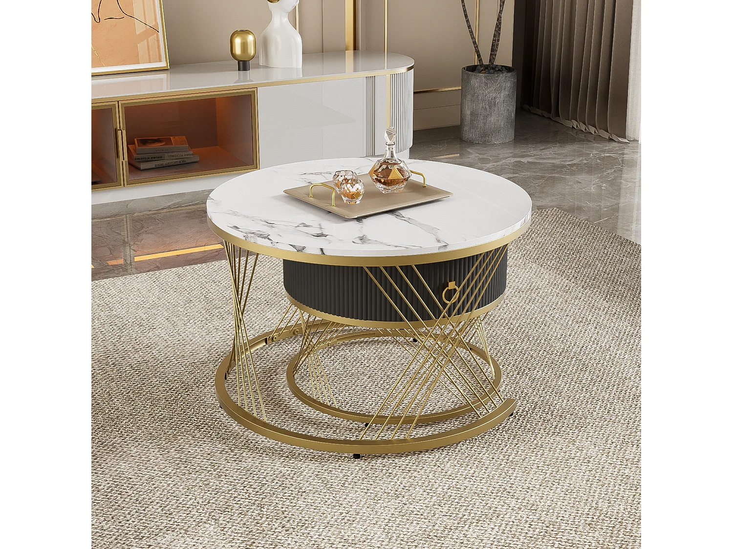 Set aus 2 Couchtischen mit einer Schublade – MDF-Platte mit Marmormuster – Weiß