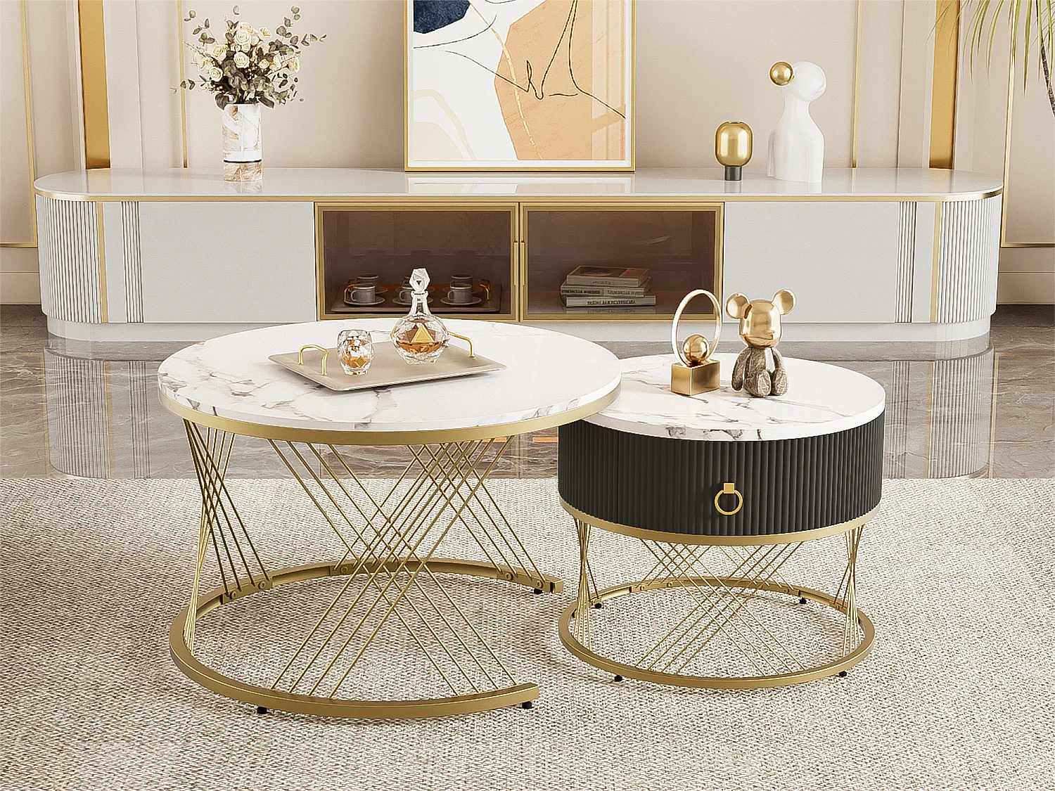 Lot de 2 tables basses avec un tiroir - plateau en MDF à motif de marbre - Blanc