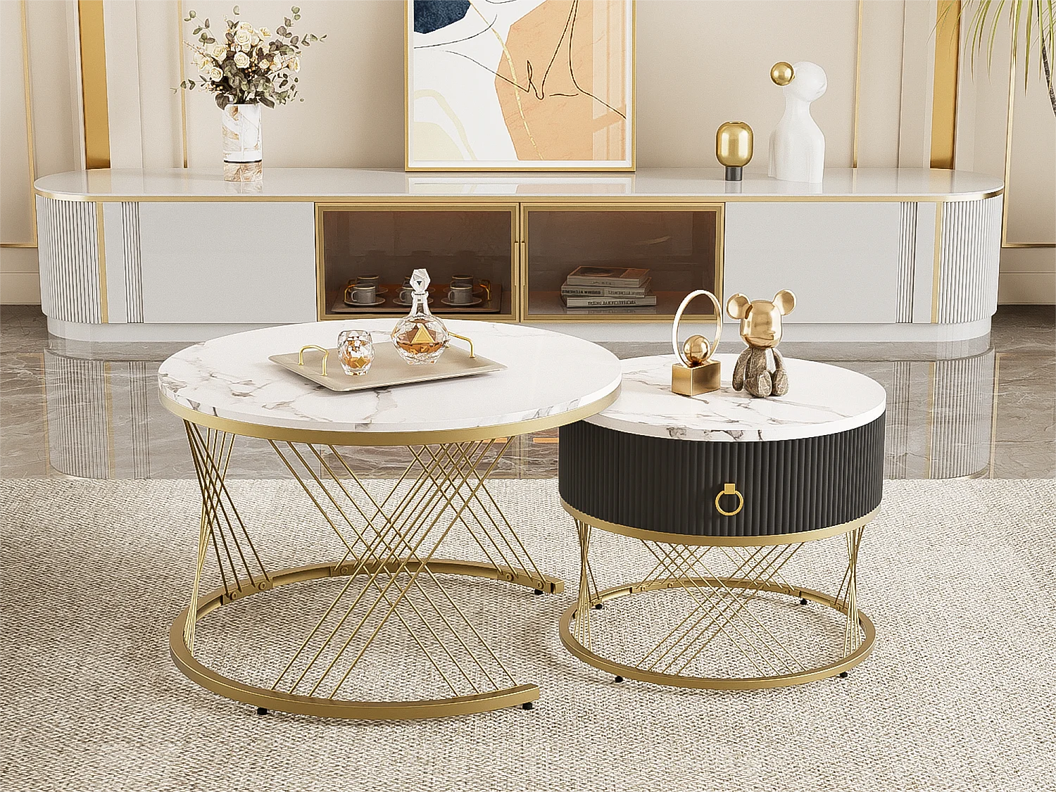 Juego de 2 mesas de centro con un cajón - Tapa de MDF con diseño de mármol - Blanco