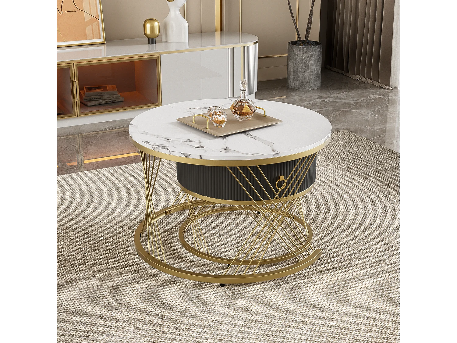 Juego de 2 mesas de centro con un cajón - Tapa de MDF con diseño de mármol - Blanco