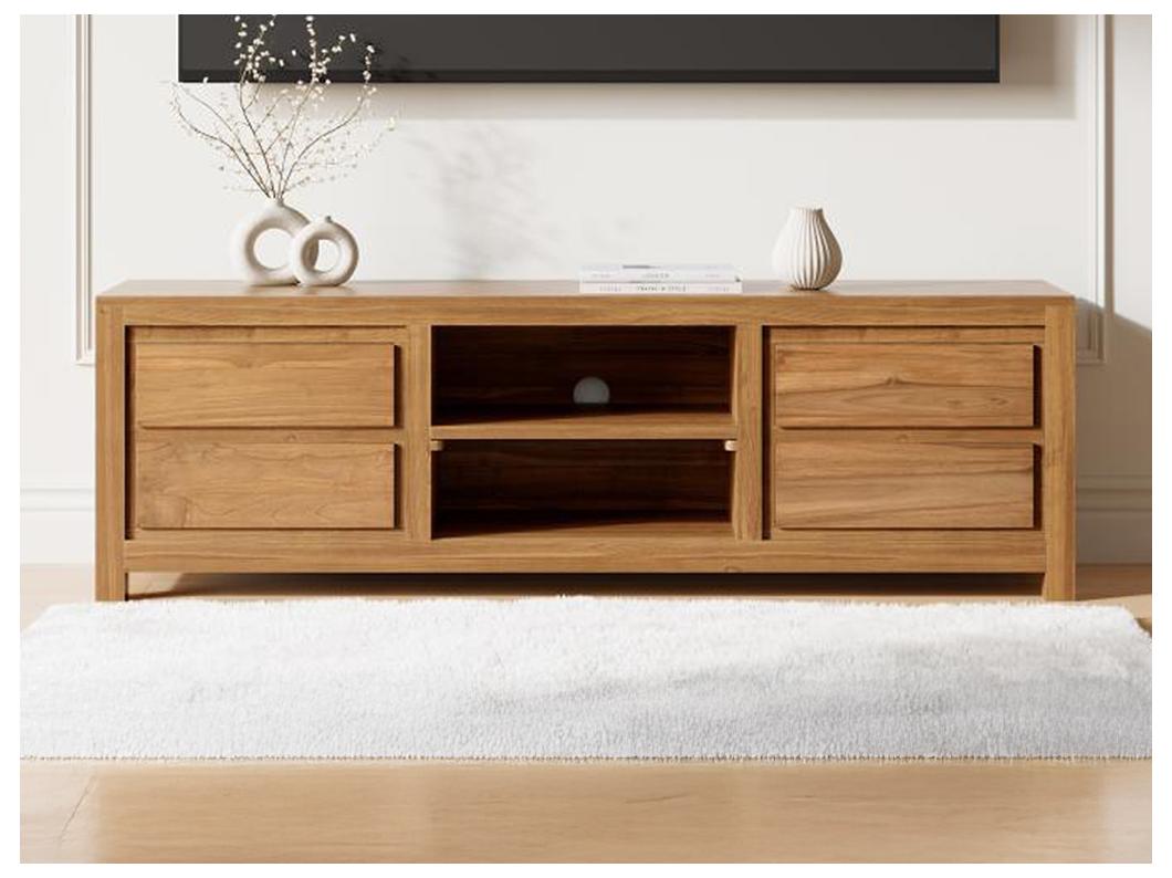 Meuble TV avec 4 tiroirs et 2 niches en bois de teck - Naturel - ALEMIA