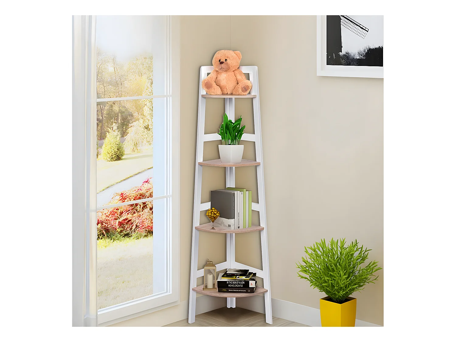Etagère d'angle/Meuble d'angle en MDF avec 4 Etagères Bibliothèque