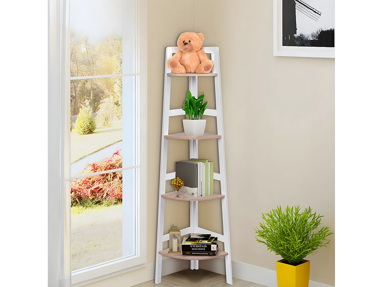 Etagère d'angle/Meuble d'angle en MDF avec 4 Etagères Bibliothèque