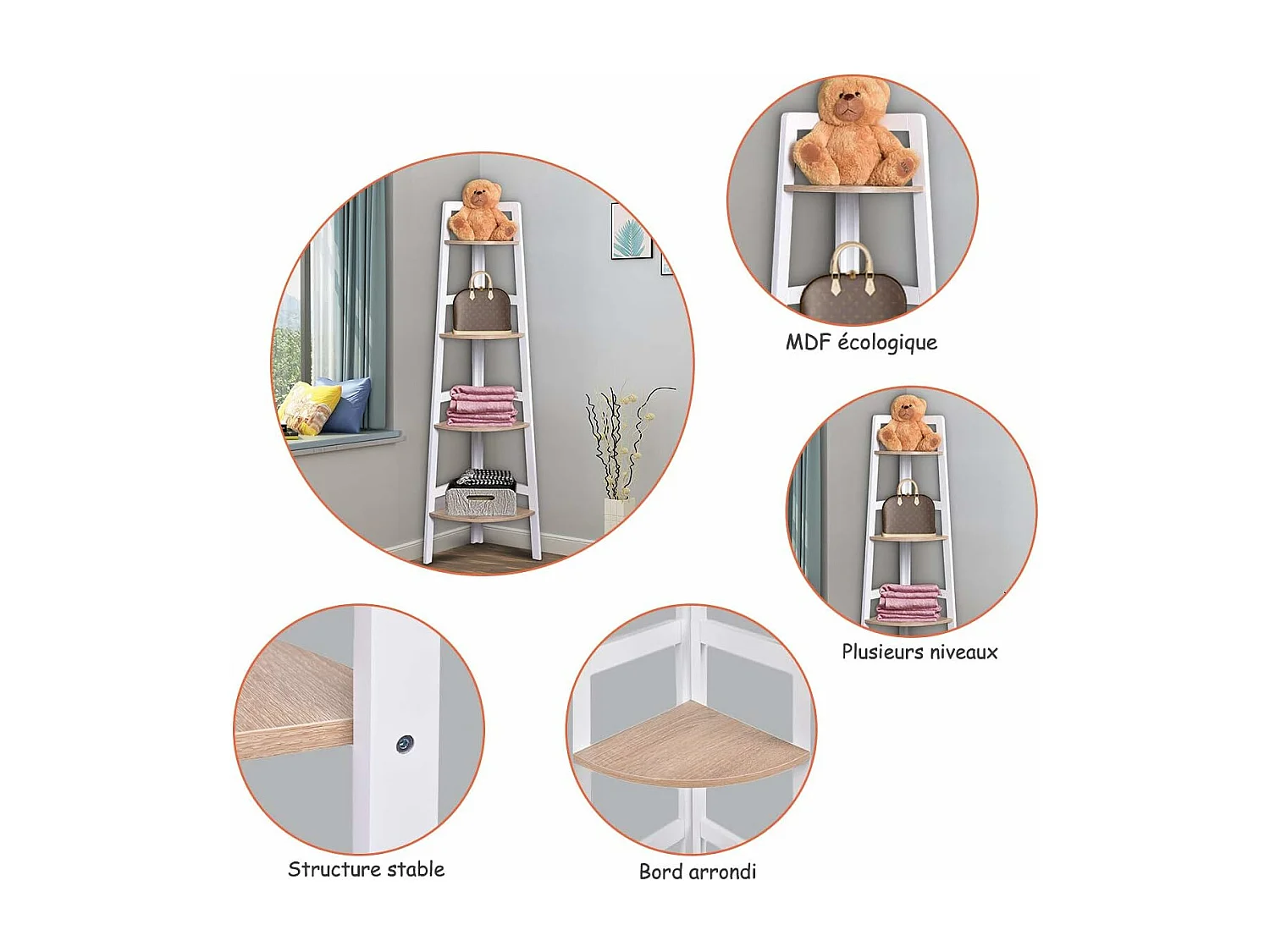 Etagère d'angle/Meuble d'angle en MDF avec 4 Etagères Bibliothèque