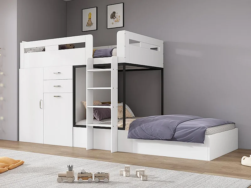 Lit superposé multifonctionnel - 2x90x200 cm- avec armoire et un bureau coulissant - Blanc (sans matelas)