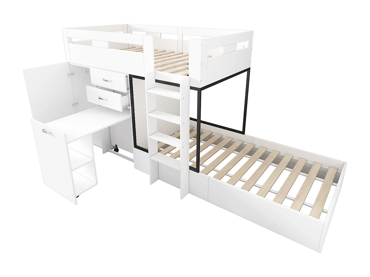 Multifunctioneel stapelbed - 2x90x200 cm - met kledingkast en uitschuifbaar bureau - Wit (zonder matras)