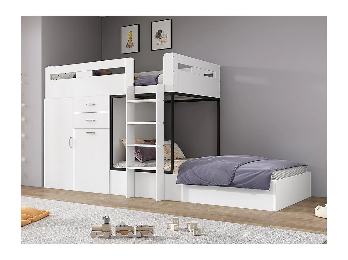 Lit superposé multifonctionnel - 2x90x200 cm- avec armoire et un bureau coulissant - Blanc (sans matelas)
