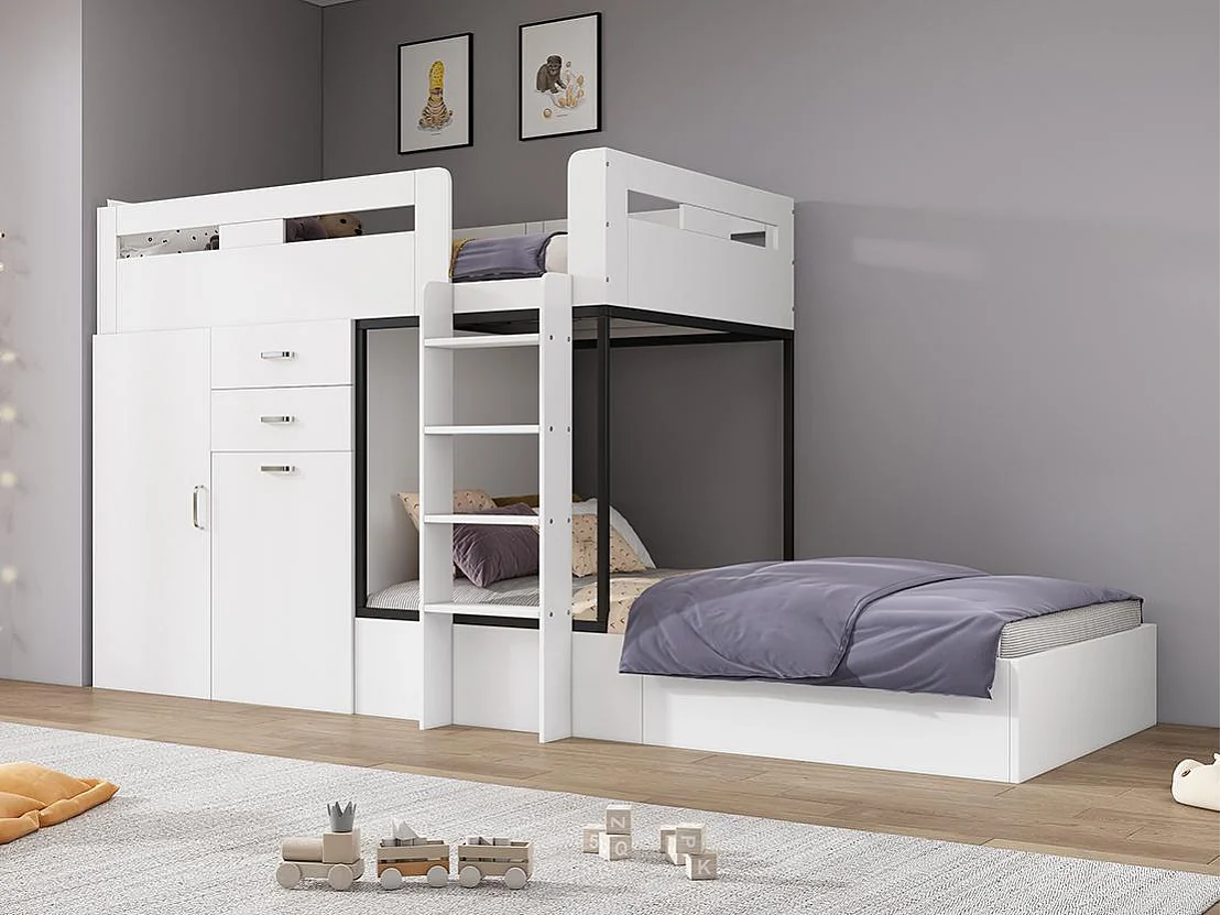 Lit superposé multifonctionnel - 2x90x200 cm- avec armoire et un bureau coulissant - Blanc (sans matelas)
