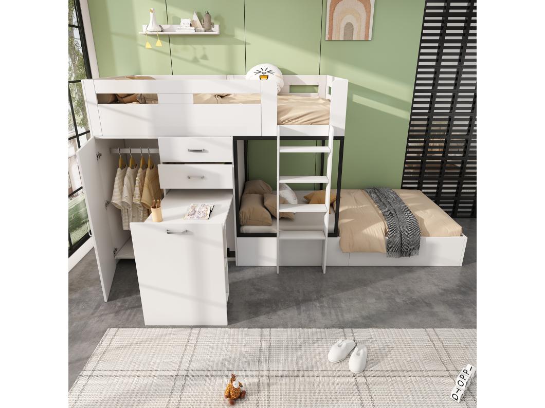 Letto a castello multifunzionale - 2x90x200 cm - con armadio e scrivania scorrevole - Bianco (senza materasso)