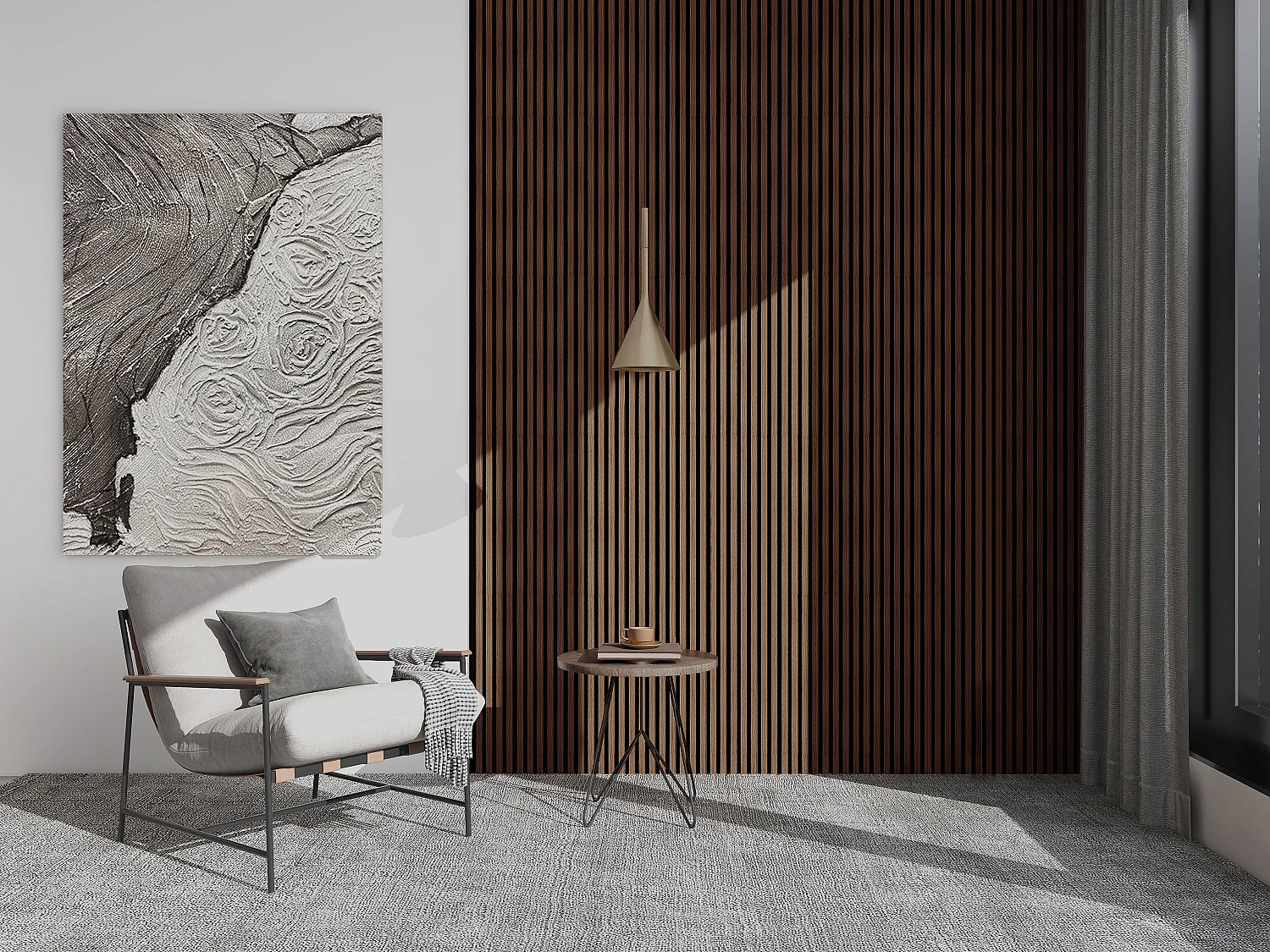 Panneau mural 3D - Pack de 3,71 m² - Coloris bois naturel foncé et noir - Lot de 8 pièces - TATIANA