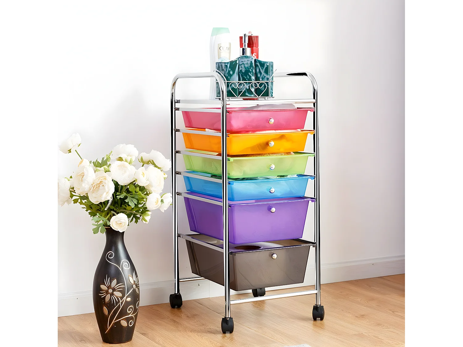 Tour de rangement avec 6 tiroirs chariot à roulettes avec dont 2 roues 32,5x37x74,5cm