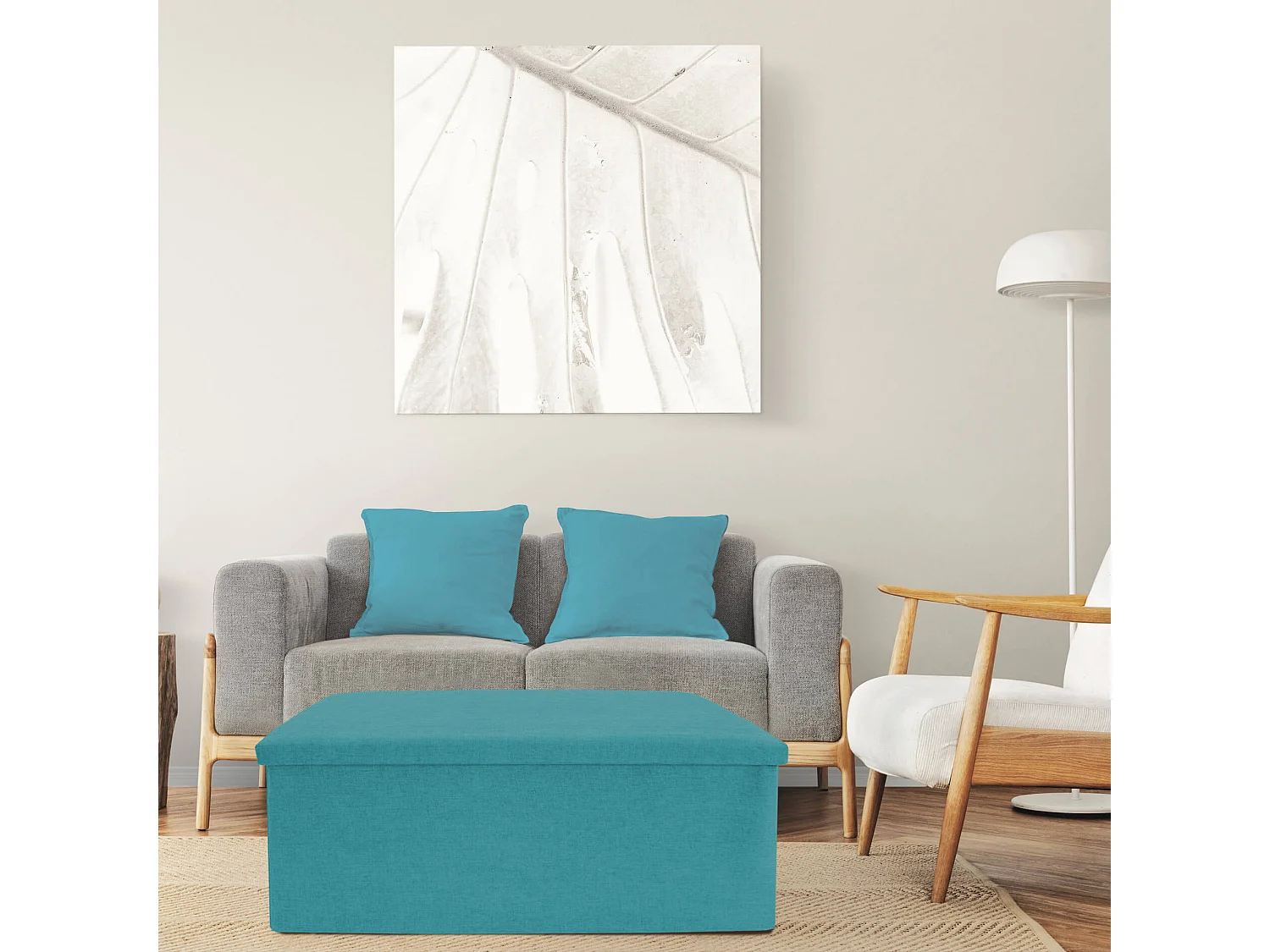 Rebecca Mobili Tecido Turquesa Azul Claro Puff Rectangular 38x76x38