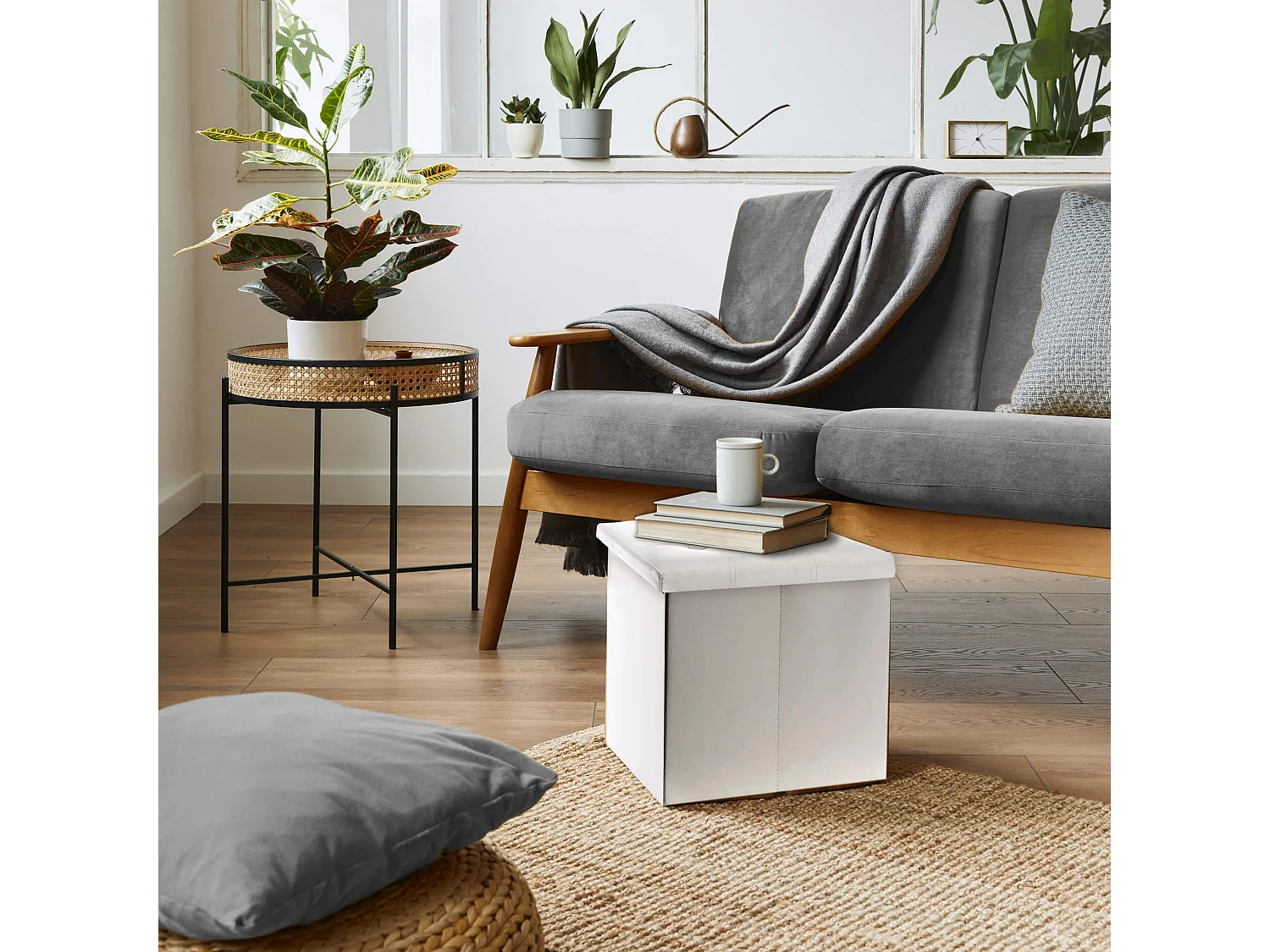 Rebecca Mobili Puff Taburete Organizador Reposapiés Tamaño Blanco 30x30x30