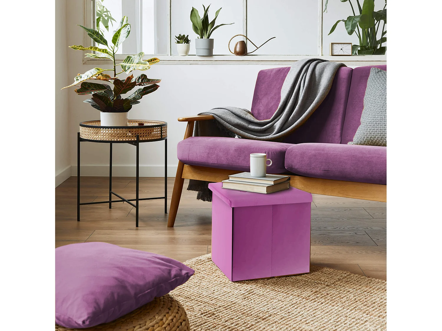 Mobili Rebecca Puff contenitore Sgabello Cubo Baule Viola Stile Moderno 31x30x30