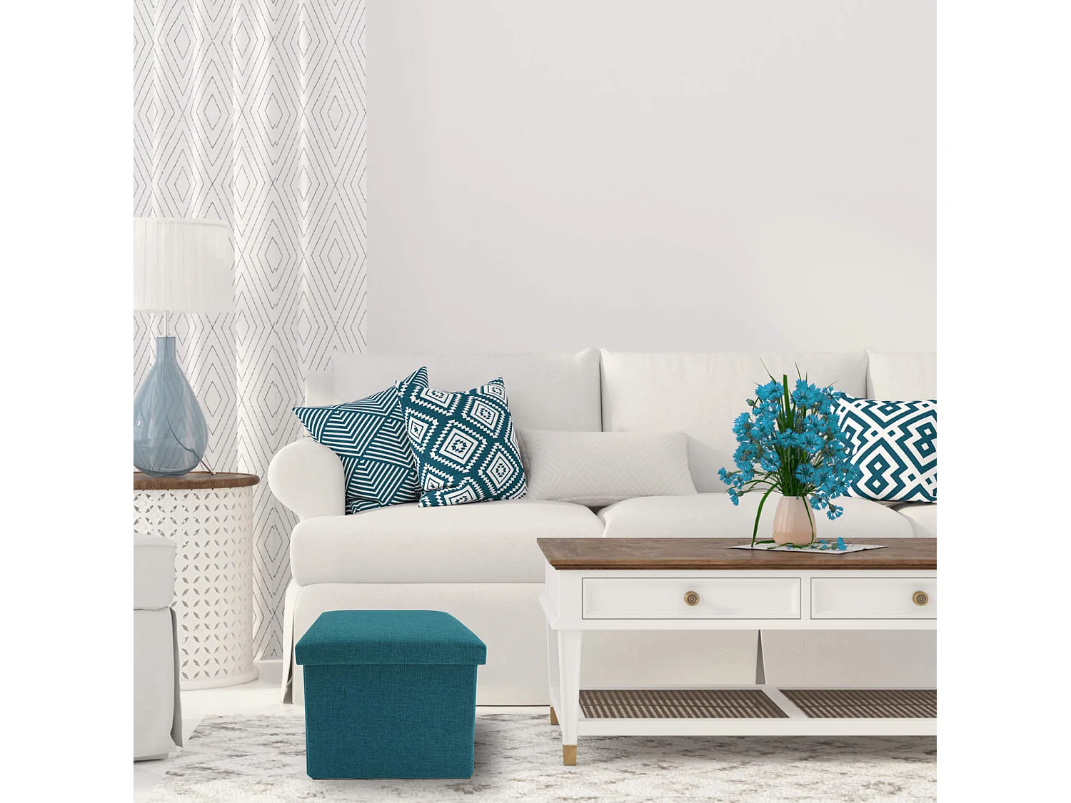 Mobili Rebecca Puff Cubo Pouf Dado Cotone Azzurro Turchese Richiudibile 30x30x30