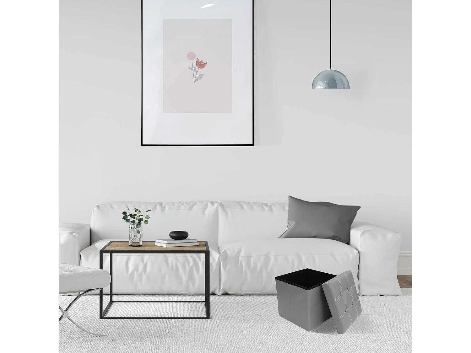 Mobili Rebecca Pouf Boite de rangement Carre Synthetique Gris Design 30x30x30