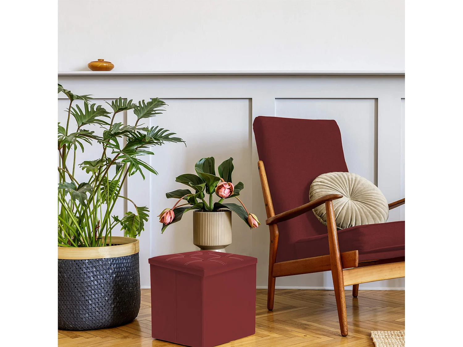 Mobili Rebecca Pouf Tabouret Similicuir Rouge Bordeaux Repose-Pieds 30x30x30