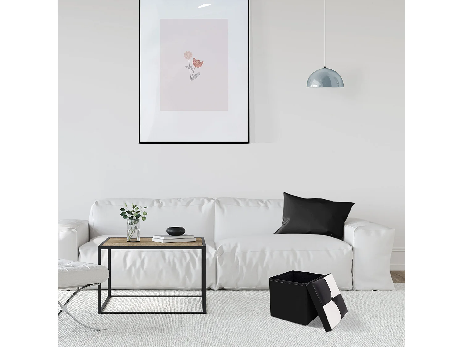 Pouf Coffre de Rangement Carre Synthétique Blanc Noir Contemporain 30x30x30